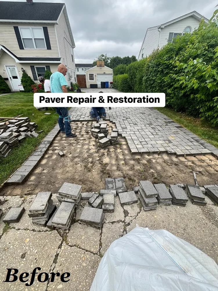 Before paver repair and restoration: uneven and damaged pavers